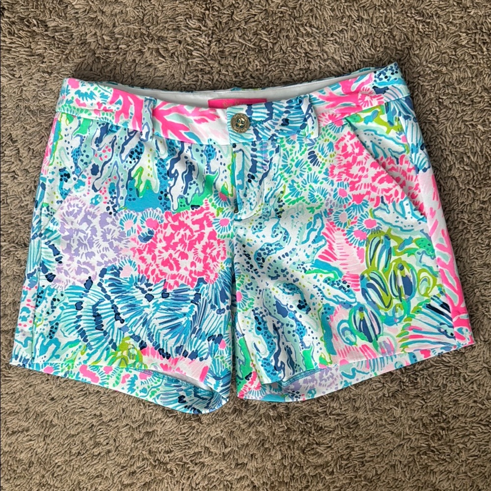 Lilly Pulitzer Pink and Blue Shorts Vibrant Tropical Print